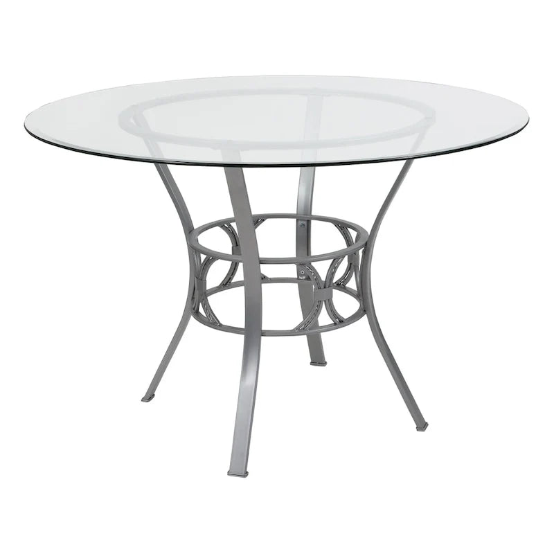 Table à manger ronde en verre de 45" avec piètement métallique de style croissant