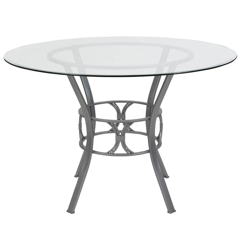 Table à manger ronde en verre de 45" avec piètement métallique de style croissant