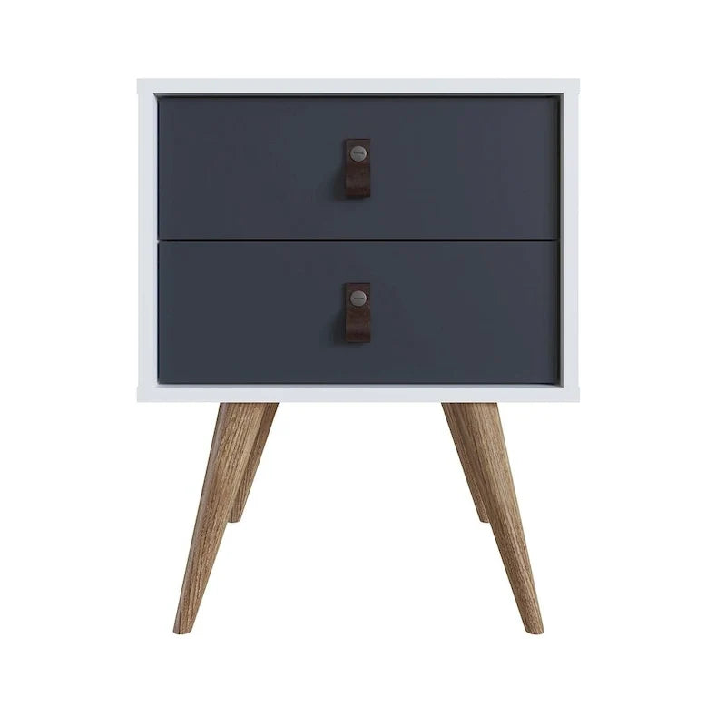 Table de chevet avec poignées en similicuir, finition blanc bleu naturel, table d'appoint de chambre