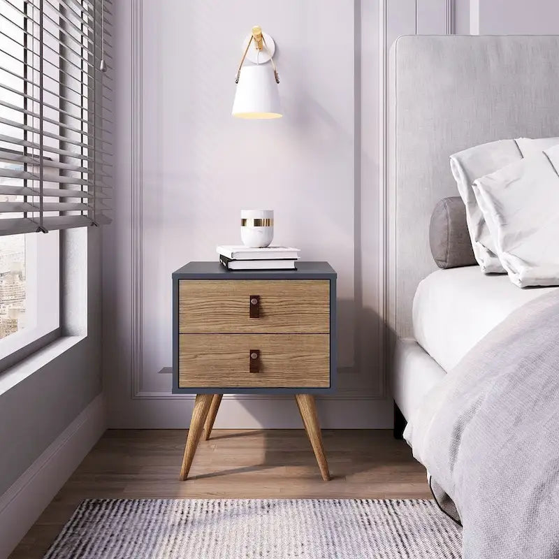 Manhattan Comfort Amber Nightstand with Faux Leather Handles in Blue and Nature