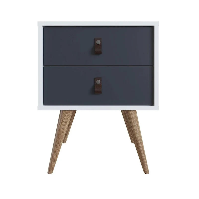 Table de chevet avec poignées en similicuir, finition blanc bleu naturel, table d'appoint de chambre