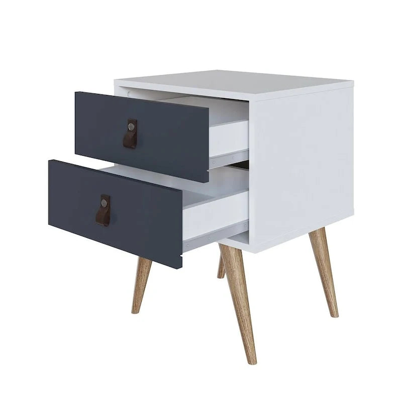 Table de chevet avec poignées en similicuir, finition blanc bleu naturel, table d'appoint de chambre
