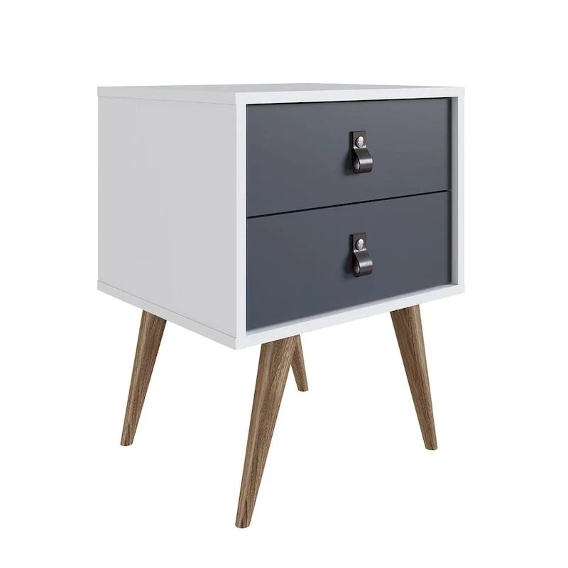 Table de chevet avec poignées en similicuir, finition blanc bleu naturel, table d'appoint de chambre