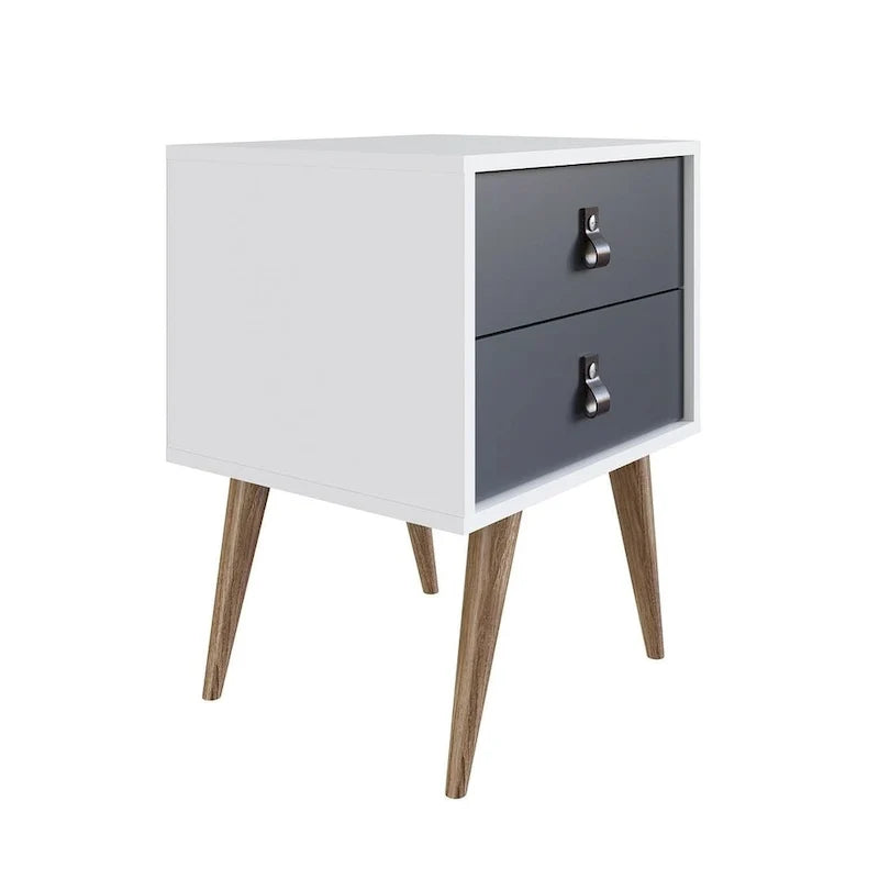 Table de chevet avec poignées en similicuir, finition blanc bleu naturel, table d'appoint de chambre