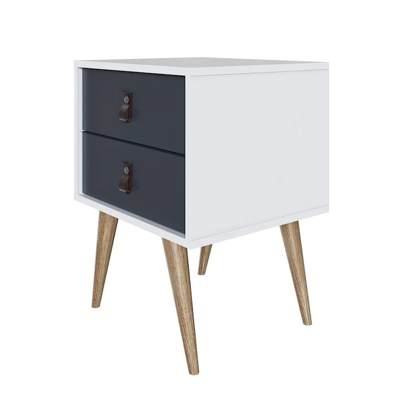 Table de chevet avec poignées en similicuir, finition blanc bleu naturel, table d'appoint de chambre