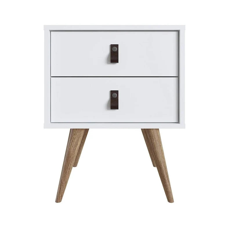 Table de chevet avec poignées en similicuir, finition blanc bleu naturel, table d'appoint de chambre
