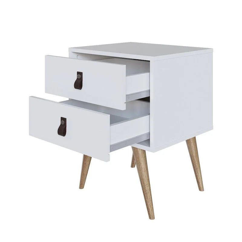 Table de chevet avec poignées en similicuir, finition blanc bleu naturel, table d'appoint de chambre
