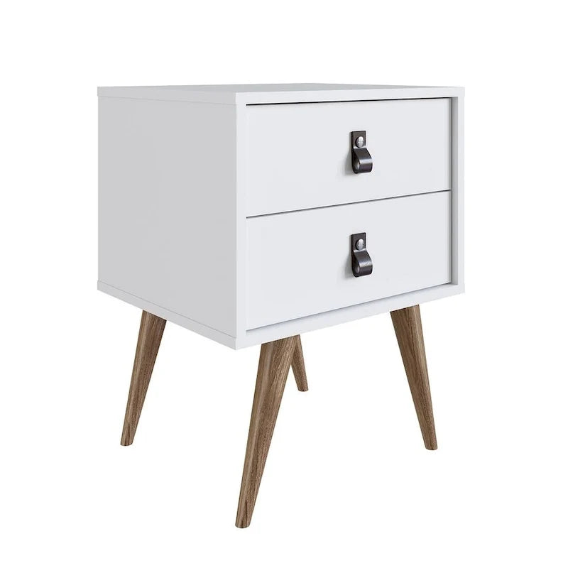Table de chevet avec poignées en similicuir, finition blanc bleu naturel, table d'appoint de chambre