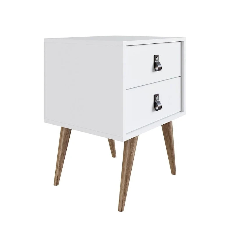 Table de chevet avec poignées en similicuir, finition blanc bleu naturel, table d'appoint de chambre