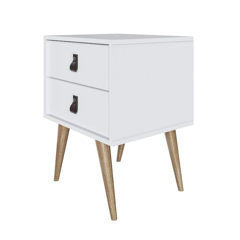 Table de chevet avec poignées en similicuir, finition blanc bleu naturel, table d'appoint de chambre