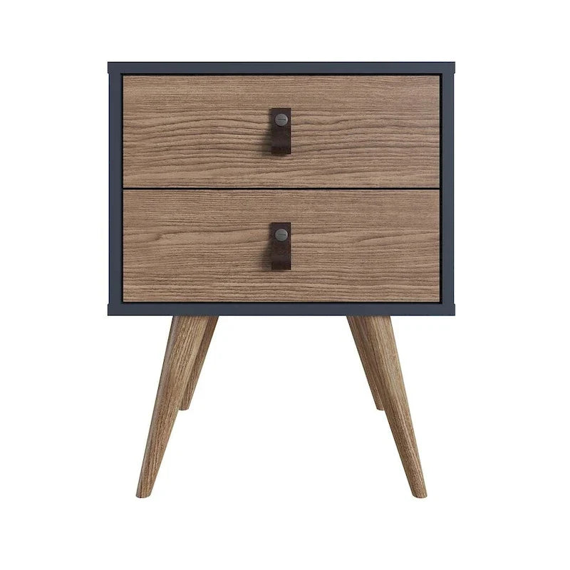 Table de chevet avec poignées en similicuir, finition blanc bleu naturel, table d'appoint de chambre