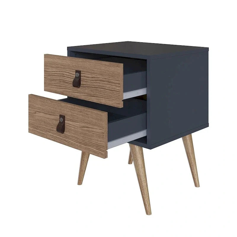 Table de chevet avec poignées en similicuir, finition blanc bleu naturel, table d'appoint de chambre