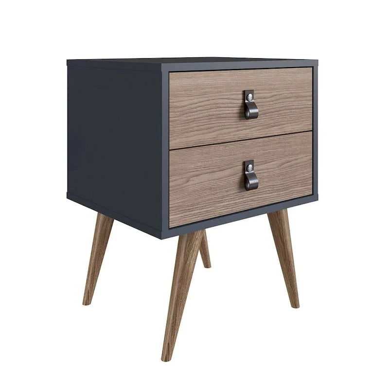 Table de chevet avec poignées en similicuir, finition blanc bleu naturel, table d'appoint de chambre