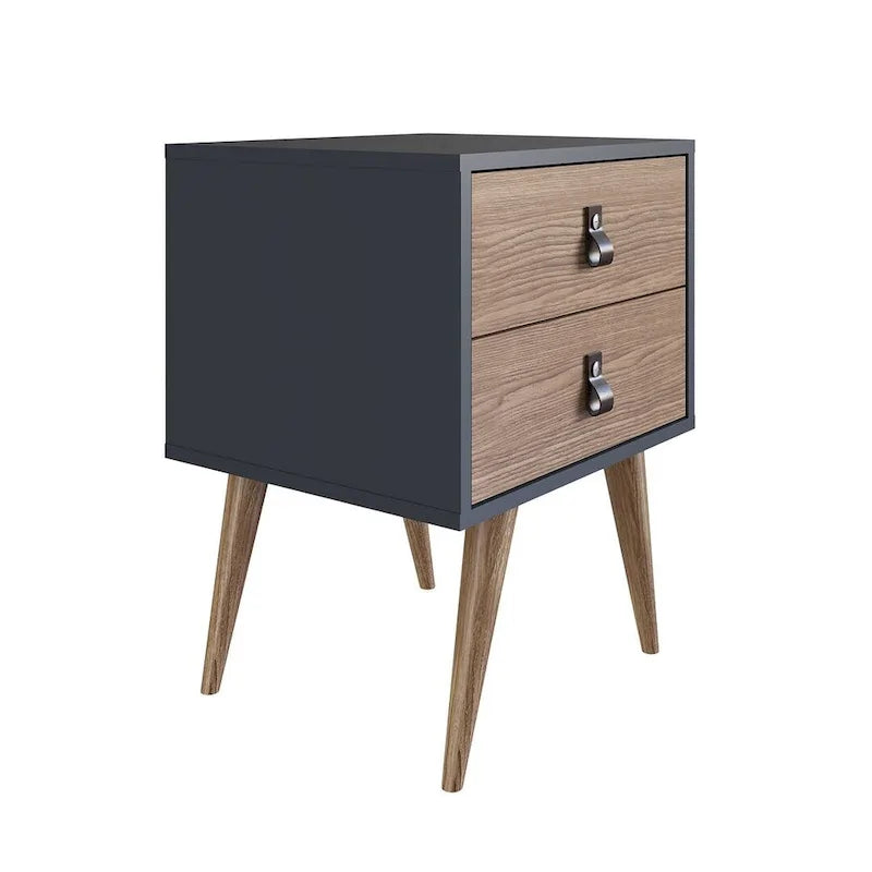 Table de chevet avec poignées en similicuir, finition blanc bleu naturel, table d'appoint de chambre