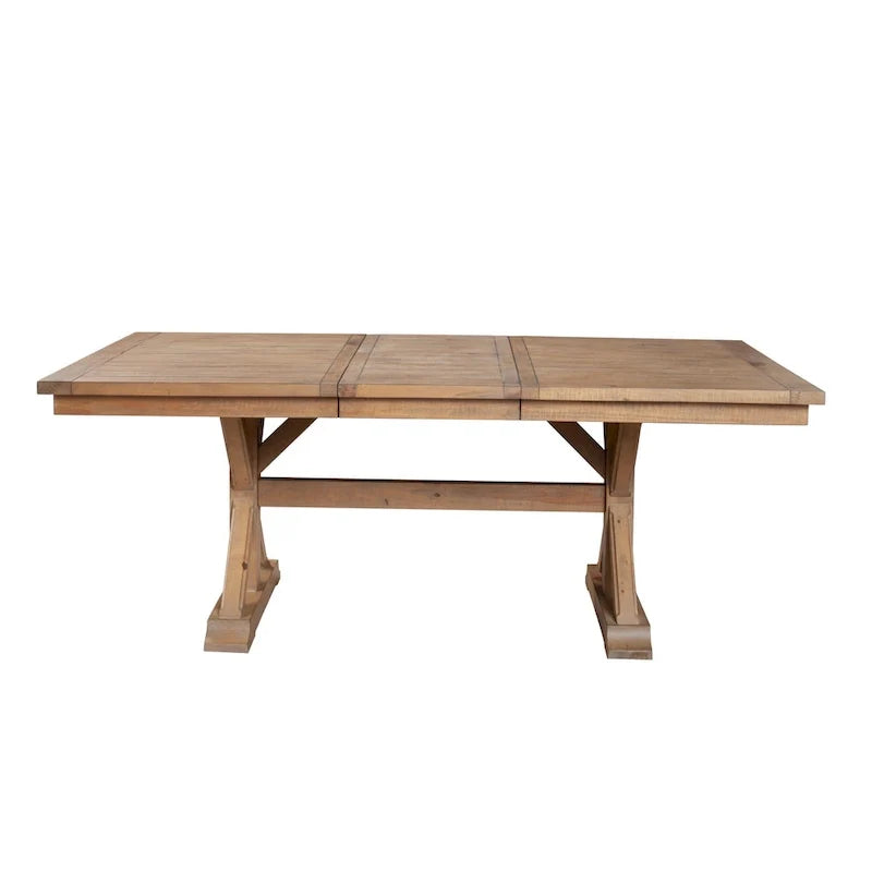 Table de salle à manger Tess de 78 pouces, avec rallonge intégrée, piètement tréteau, brun naturel