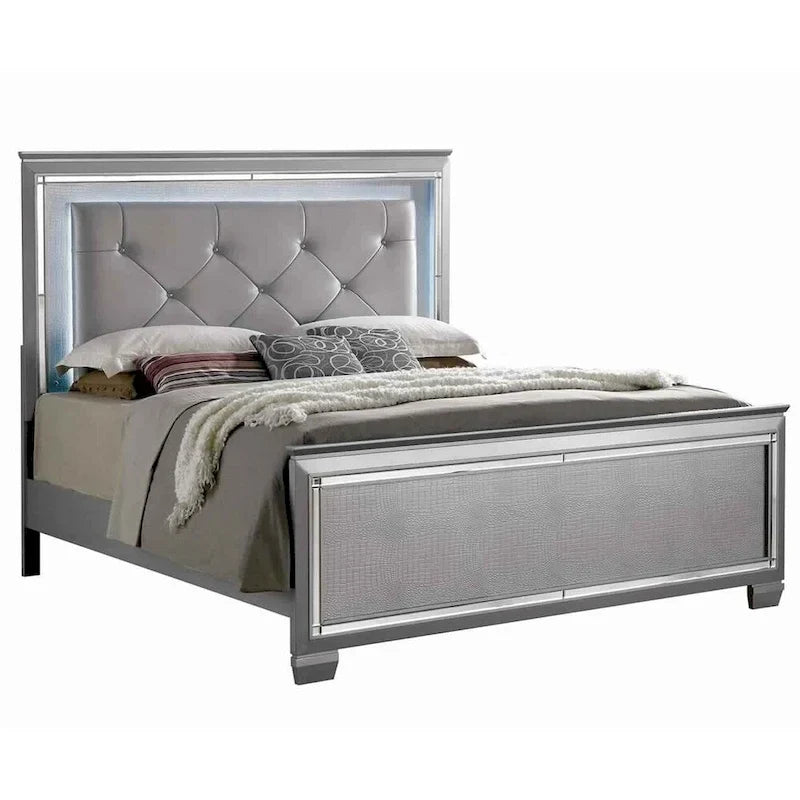 Textured Queen King Size Bed with Silver Trim Accents, Beige