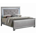 Textured Queen King Size Bed with Silver Trim Accents, Beige