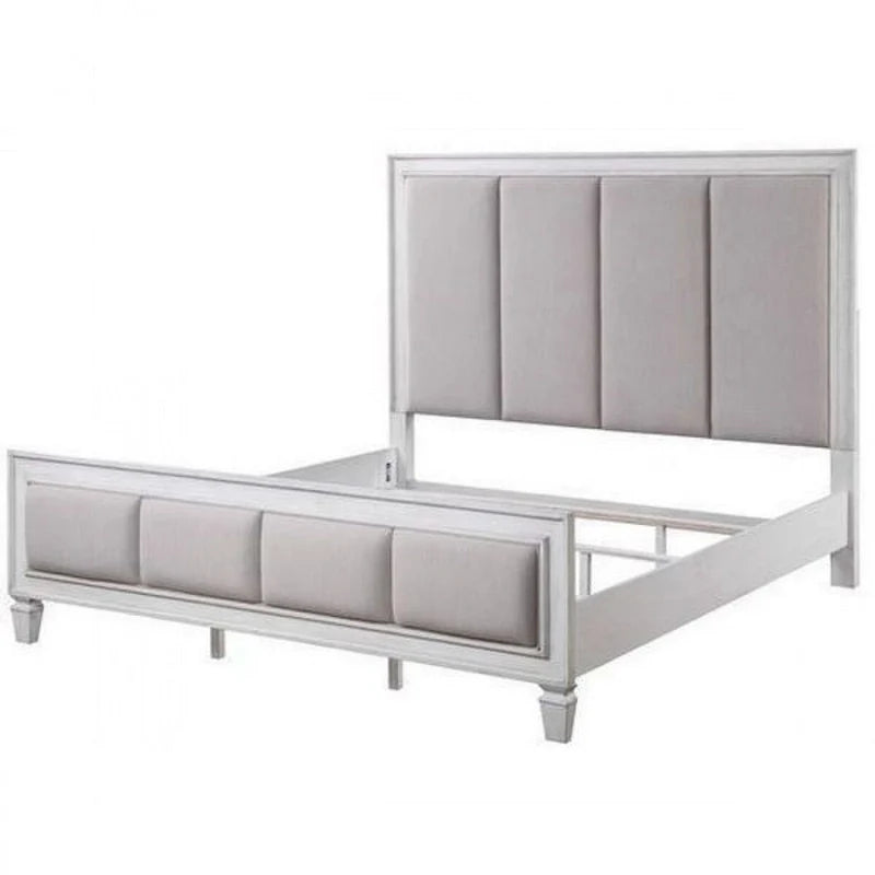 Queen Bed with Channel Tufted Fabric Padding, White and Gray