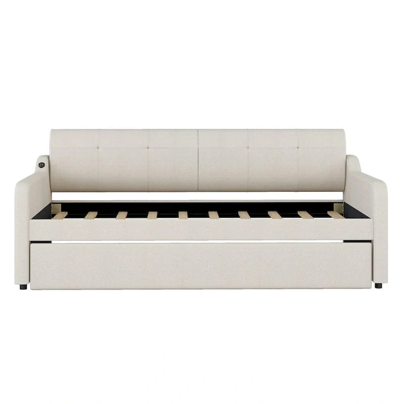 Lit de repos capitonné Twin avec lit gigogne et port de charge USB, le lit gigogne pouvant être à plat ou relevé et dossier capitonné