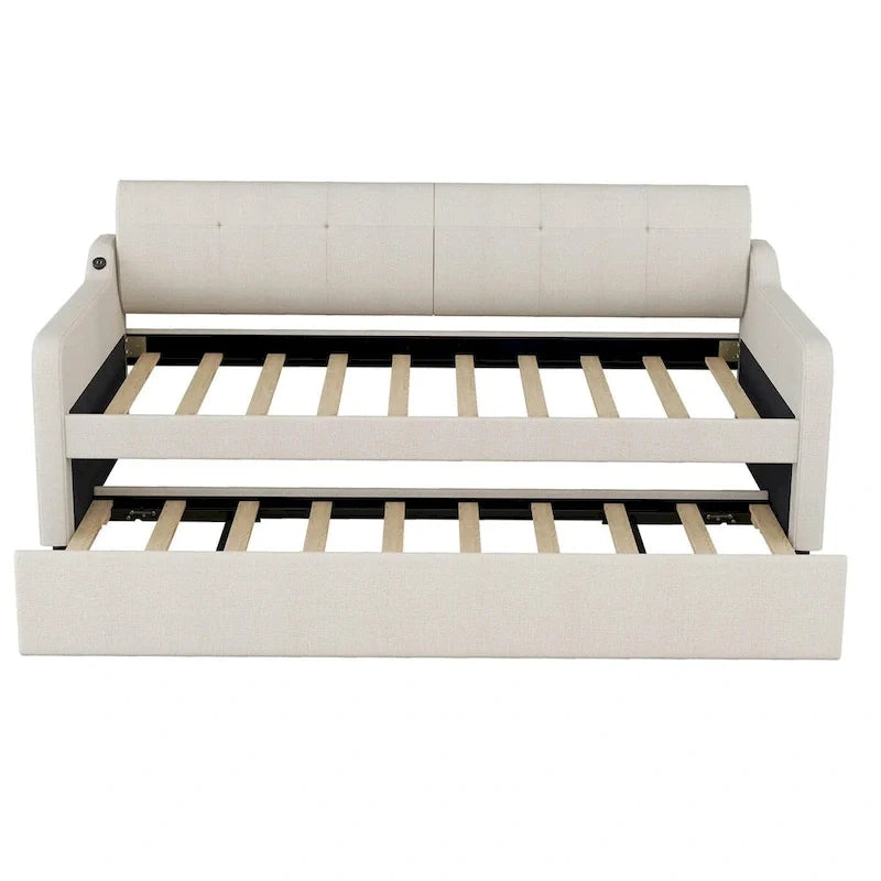 Lit de repos capitonné Twin avec lit gigogne et port de charge USB, le lit gigogne pouvant être à plat ou relevé et dossier capitonné