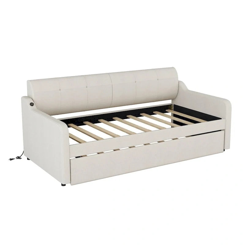 Lit de repos capitonné Twin avec lit gigogne et port de charge USB, le lit gigogne pouvant être à plat ou relevé et dossier capitonné