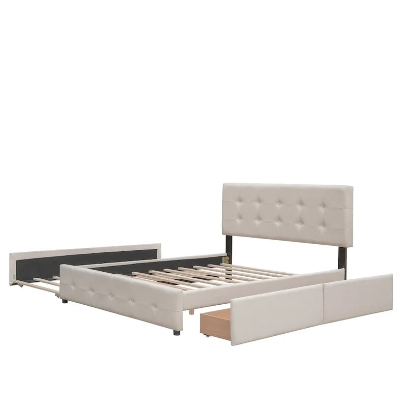 Lit plateforme rembourré avec 2 tiroirs et 1 lit gigogne jumeau XL, en tissu lin, format Queen