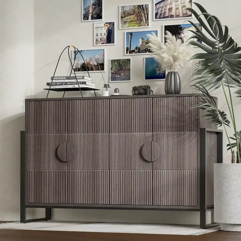 COZAYH Armoire de Rangement, Buffet Cannelé avec 4 Portes, Meuble de Rangement Style Ferme Moderne avec Étagères Réglables, Gris Lavé