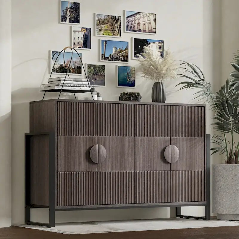 COZAYH Armoire de Rangement, Buffet Cannelé avec 4 Portes, Meuble de Rangement Style Ferme Moderne avec Étagères Réglables, Gris Lavé