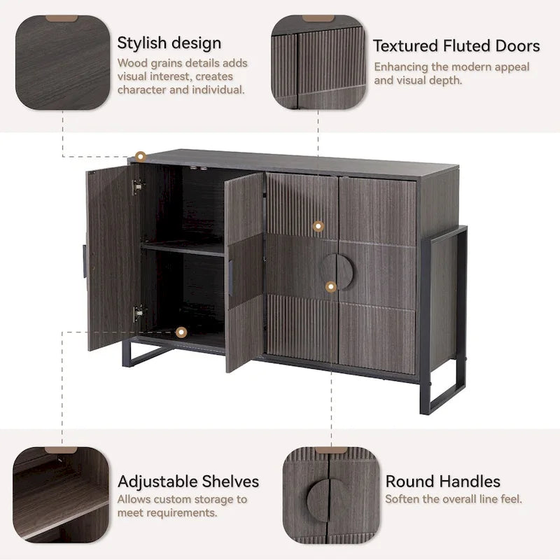 COZAYH Armoire de Rangement, Buffet Cannelé avec 4 Portes, Meuble de Rangement Style Ferme Moderne avec Étagères Réglables, Gris Lavé