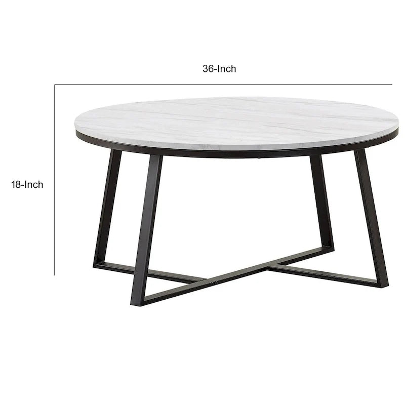 Table basse de 36 pouces, plateau en faux marbre, base métallique robuste, blanc, noir