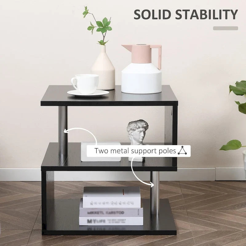 Table d'appoint moderne en forme de S avec étagère de rangement et pieds en acier