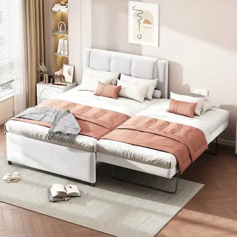 Lit plateforme rembourré pleine grandeur avec lit gigogne, tissu beige et gris