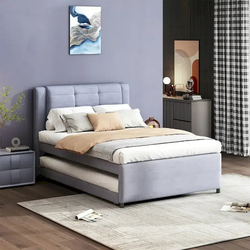 Lit plateforme rembourré pleine grandeur avec lit gigogne, tissu beige et gris