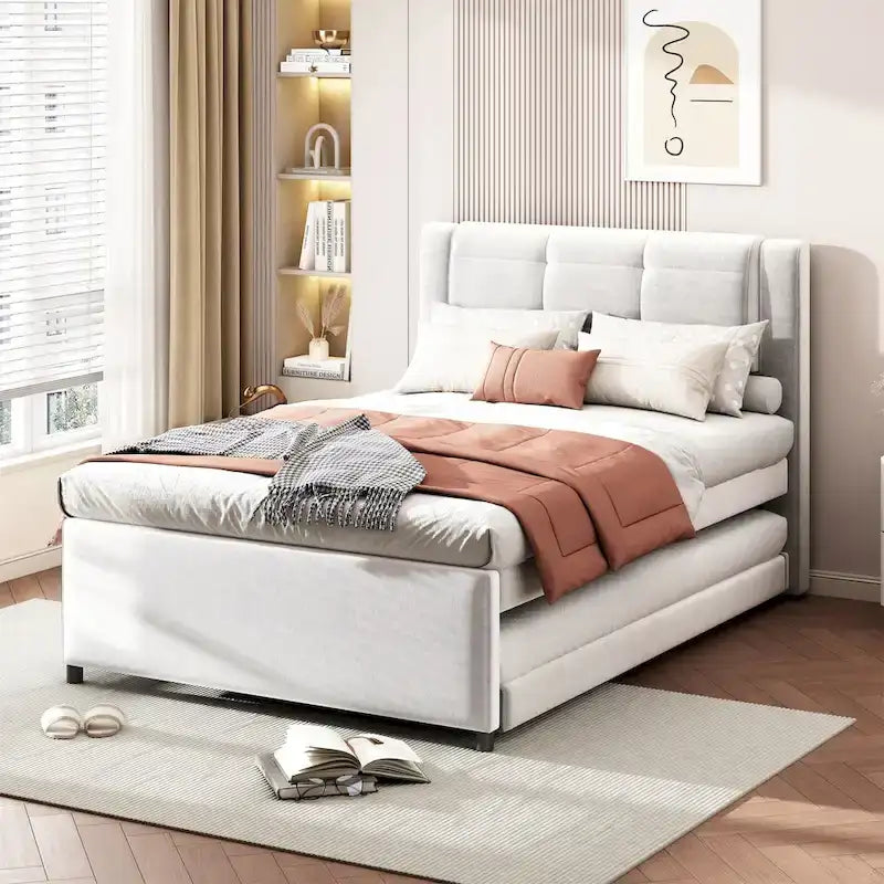 Lit plateforme rembourré pleine grandeur avec lit gigogne, tissu beige et gris
