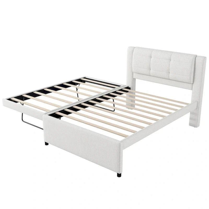 Lit plateforme rembourré pleine grandeur avec lit gigogne, tissu beige et gris