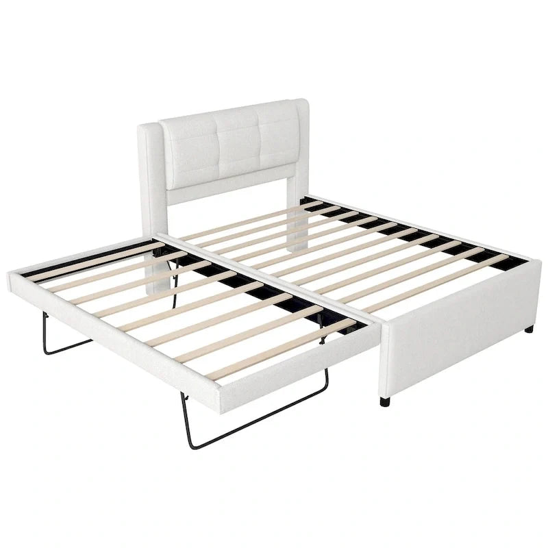 Lit plateforme rembourré pleine grandeur avec lit gigogne, tissu beige et gris