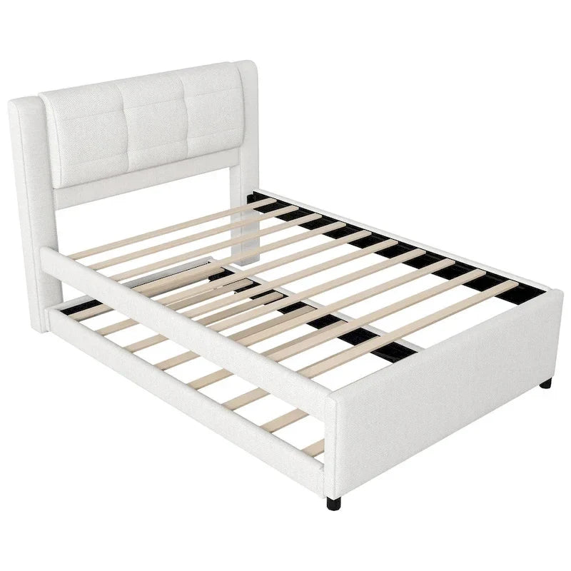 Lit plateforme rembourré pleine grandeur avec lit gigogne, tissu beige et gris