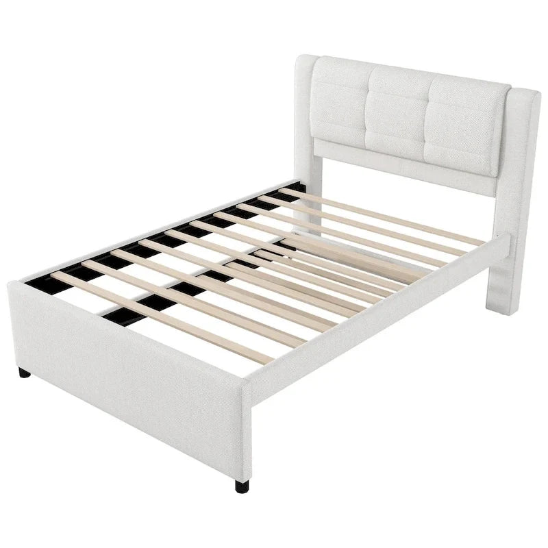 Lit plateforme rembourré pleine grandeur avec lit gigogne, tissu beige et gris