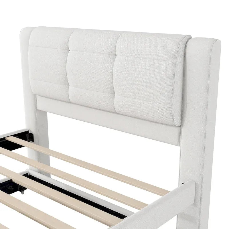 Lit plateforme rembourré pleine grandeur avec lit gigogne, tissu beige et gris