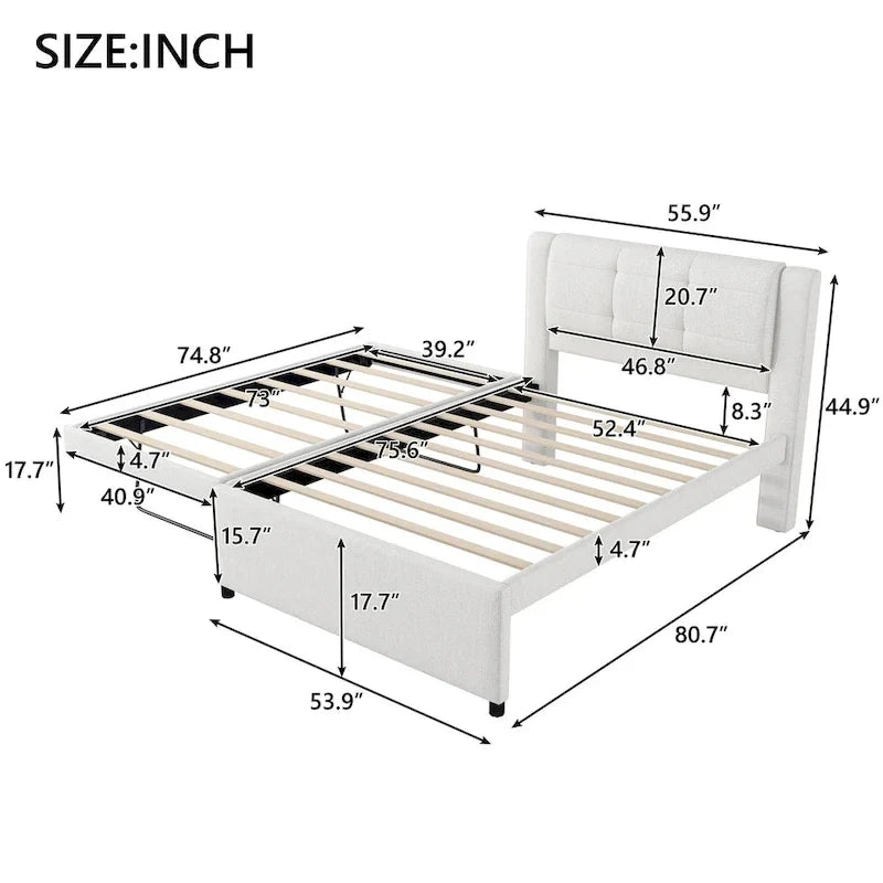 Lit plateforme rembourré pleine grandeur avec lit gigogne, tissu beige et gris