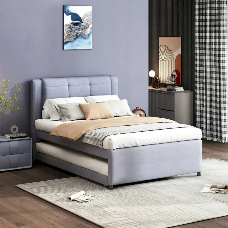 Lit plateforme rembourré pleine grandeur avec lit gigogne, tissu beige et gris