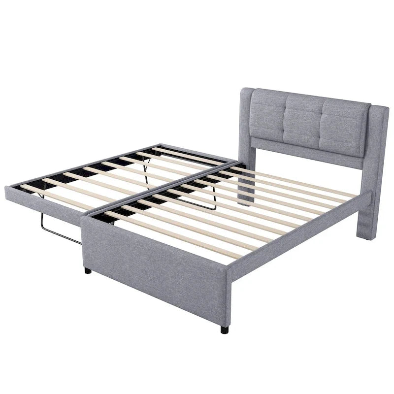 Lit plateforme rembourré pleine grandeur avec lit gigogne, tissu beige et gris