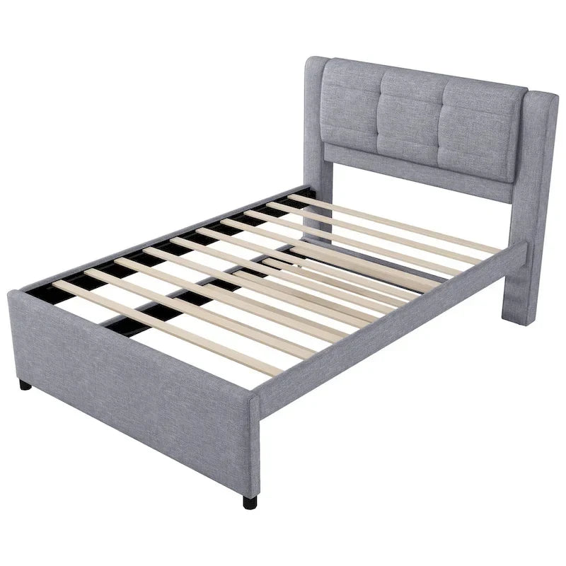 Lit plateforme rembourré pleine grandeur avec lit gigogne, tissu beige et gris