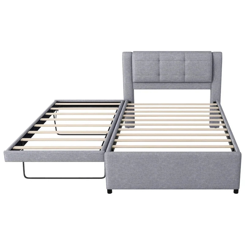 Lit plateforme rembourré pleine grandeur avec lit gigogne, tissu beige et gris