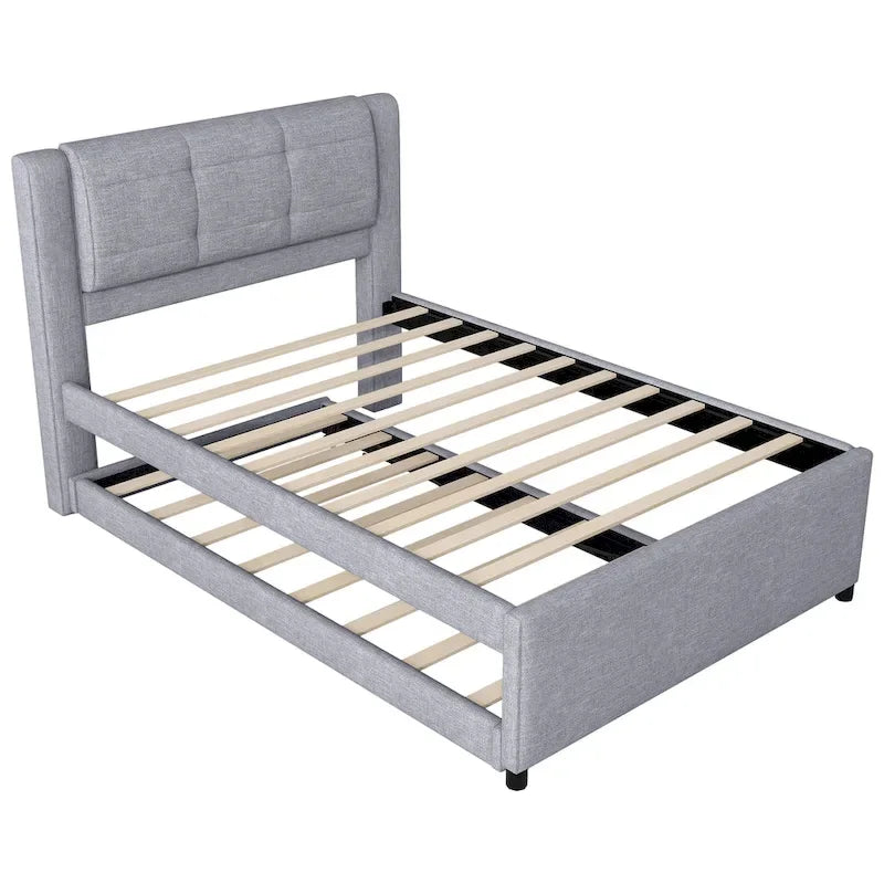 Lit plateforme rembourré pleine grandeur avec lit gigogne, tissu beige et gris