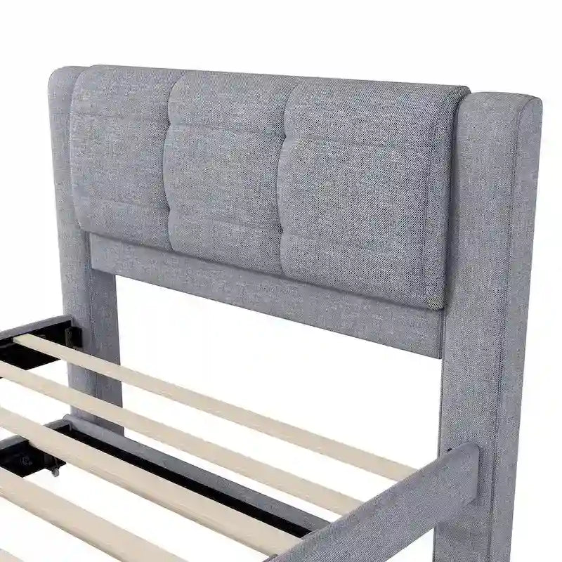 Lit plateforme rembourré pleine grandeur avec lit gigogne, tissu beige et gris