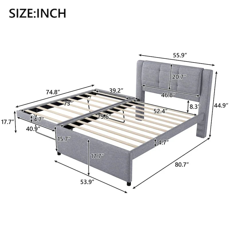Lit plateforme rembourré pleine grandeur avec lit gigogne, tissu beige et gris